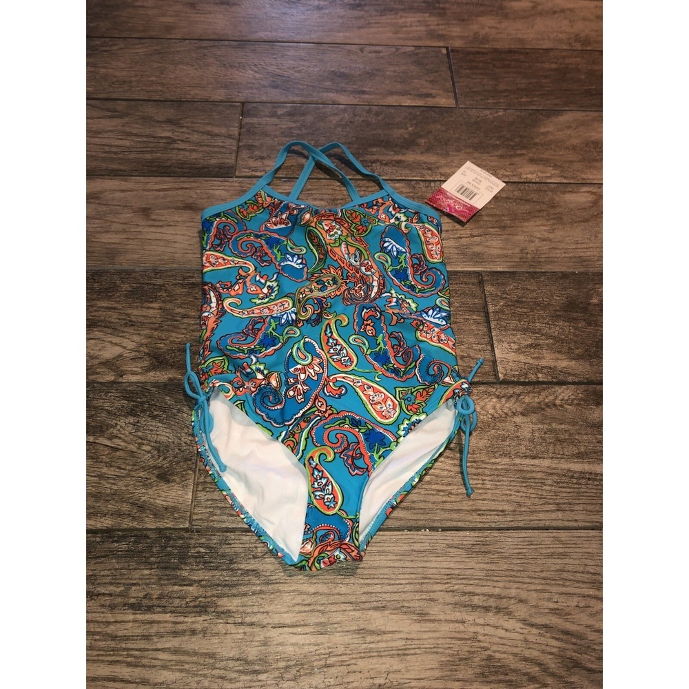 New Kanu Surf Girls' Caroline One-Piece Swimsuit Blue Paisley Big Girls Sz 14
